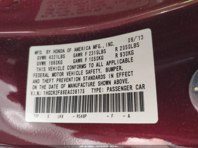 1HGCR2F86EA036175 Honda Accord Ex-l