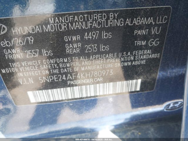 2019 HYUNDAI SONATA 5NPE24AF4KH780973 Photo 8