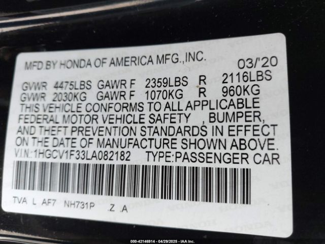 1HGCV1F33LA082182 Honda Accord Sport