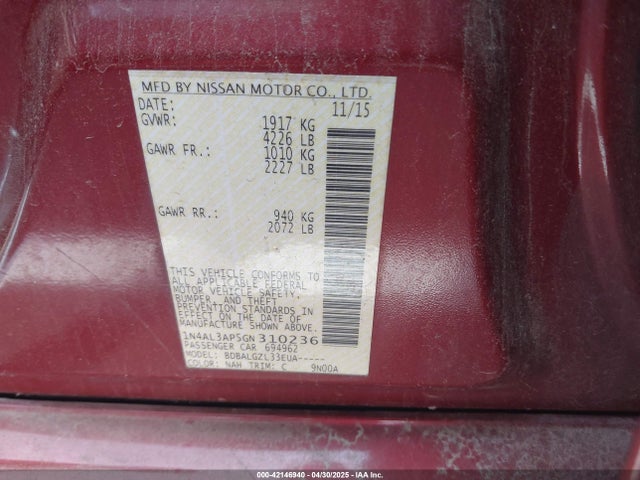Nissan Altima 2.5/2.5 S/2.5 Sl/2.5 Sr/2.5 Sv 2016 1N4AL3AP5GN310236 Image 9