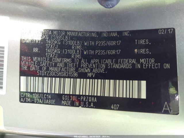 5TDYZ3DC5HS831596 Toyota Sienna Xle/limited