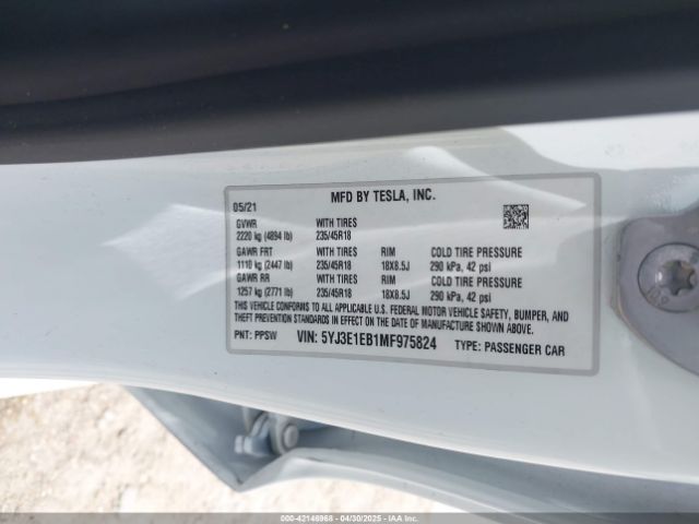 5YJ3E1EB1MF975824 Tesla Model 3 Long Range Dual Motor All-wheel Drive