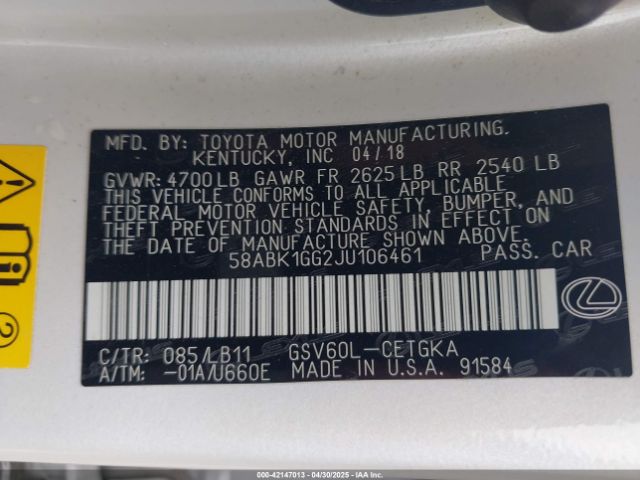 58ABK1GG2JU106461 Lexus ES 350