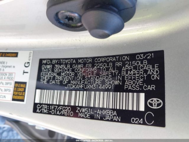JTDKAMFUXM3144991 Toyota Prius L Eco