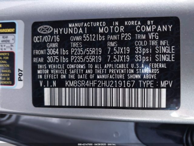 KM8SR4HF2HU219167 Hyundai Santa Fe Limited Ultimate