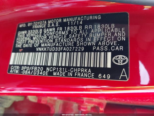 VNKKTUD33FA027229 Toyota YARIS LE