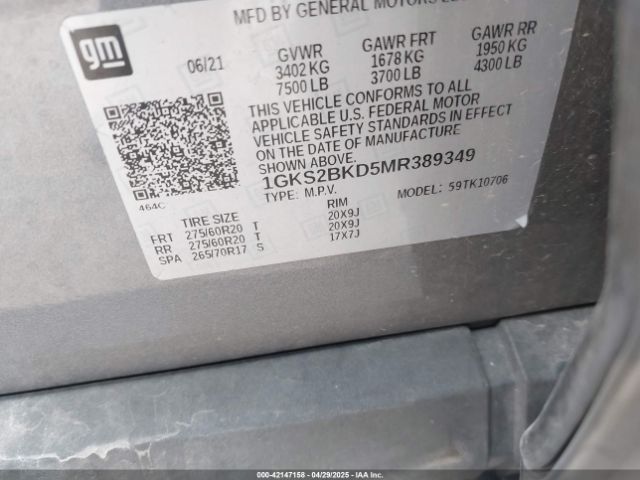 2021 GMC YUKON 1GKS2BKD5MR389349 Photo 8