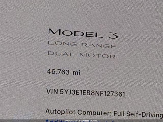 5YJ3E1EB8NF127361 Tesla Model 3 Long Range Dual Motor All-wheel Drive