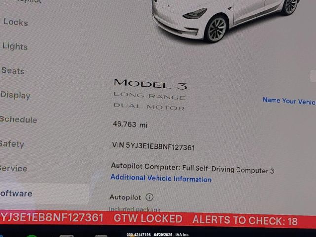 5YJ3E1EB8NF127361 Tesla Model 3 Long Range Dual Motor All-wheel Drive