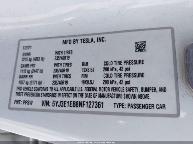 5YJ3E1EB8NF127361 Tesla Model 3 Long Range Dual Motor All-wheel Drive