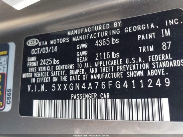 5XXGN4A76FG411249 KIA OPTIMA EX