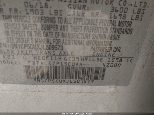 3N1CP5CUXJL509573 Nissan KICKS SV