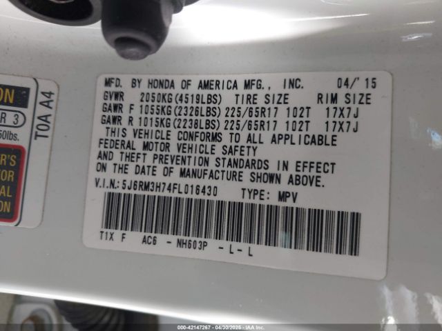 5J6RM3H74FL016430 Honda Cr-v Ex-l