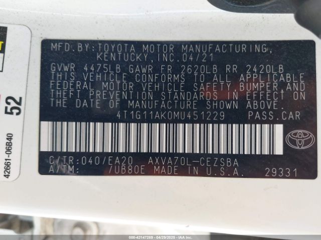 4T1G11AK0MU451229 Toyota CAMRY SE