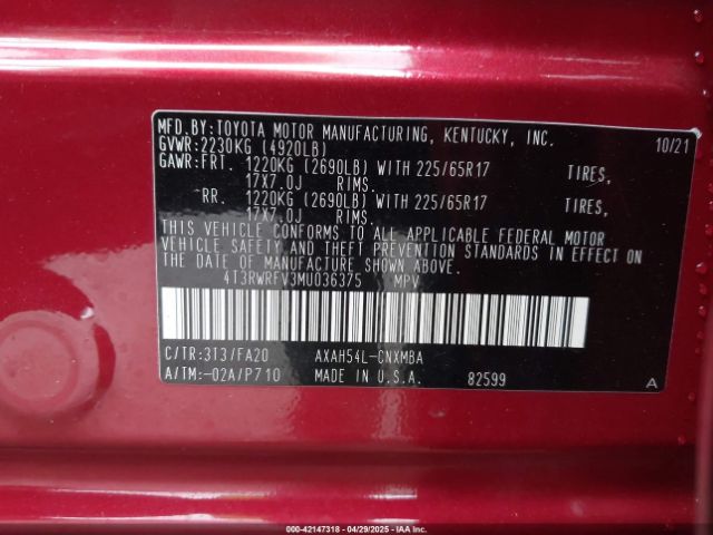 4T3RWRFV3MU036375 Toyota Rav4 Hybrid Xle