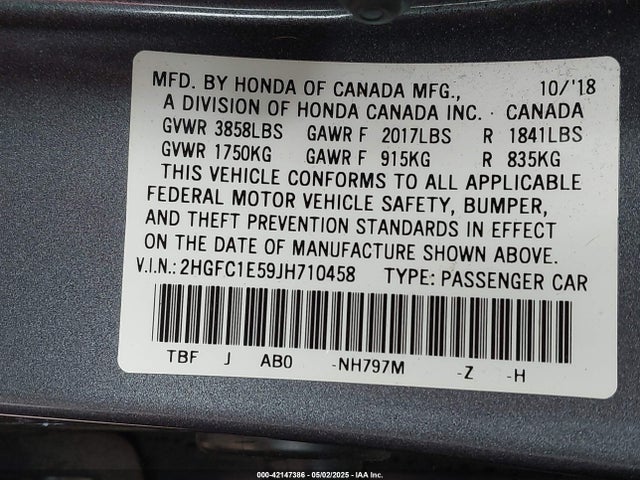 2HGFC1E59JH710458 Honda CIVIC SI