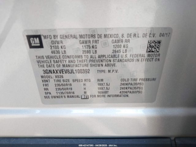 3GNAXVEV8JL100392 Chevrolet Equinox Premier