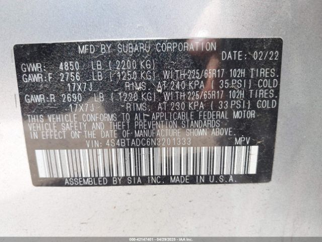 4S4BTADC6N3201333 Subaru Outback Premium