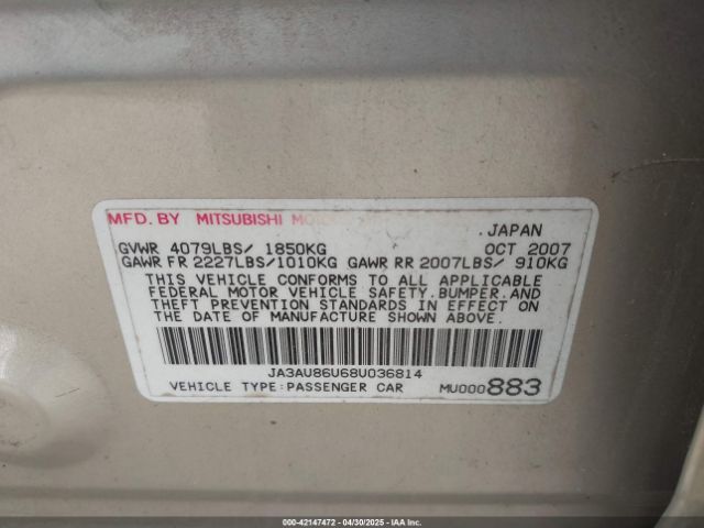 2008 MITSUBISHI LANCER JA3AU86U68U036814 Photo 8