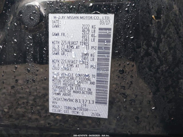 5N1AT2MV9HC813713 Nissan ROGUE SV