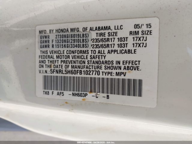 5FNRL5H60FB102770 Honda Odyssey Ex-l