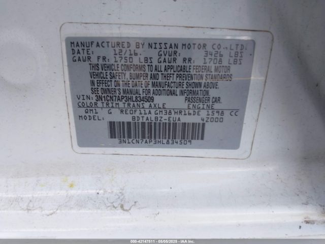 3N1CN7AP3HL834509 Nissan Versa 1.6 Sv