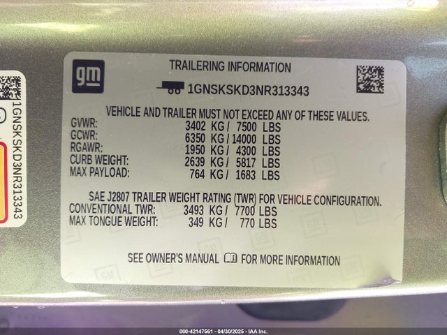 1GNSKSKD3NR313343 Chevrolet Tahoe 4wd Premier