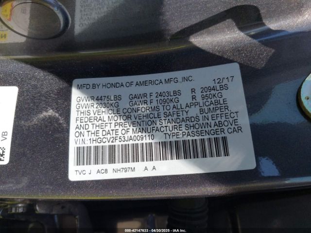 1HGCV2F53JA009110 Honda k20c4