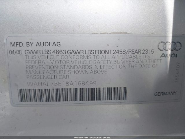 2008 AUDI A4 WAUAF78E18A168499 Photo 8