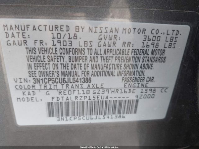 3N1CP5CU6JL541386 Nissan KICKS S