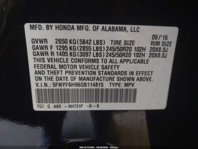 5FNYF6H96GB114815 Honda Pilot Touring
