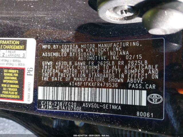 4T4BF1FKXFR479536 Toyota CAMRY LE