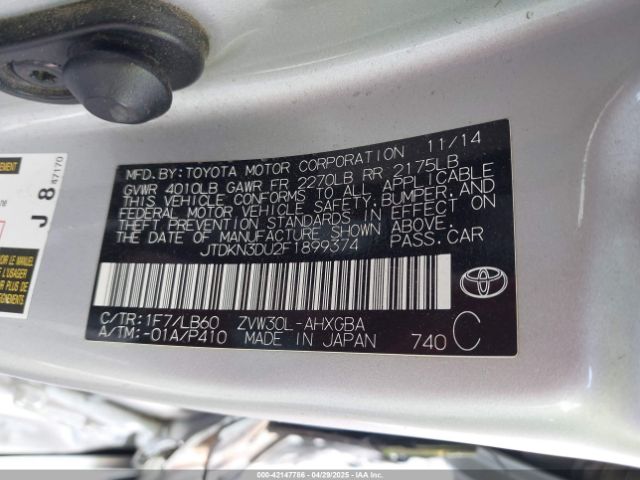 JTDKN3DU2F1899374 Toyota Prius Four