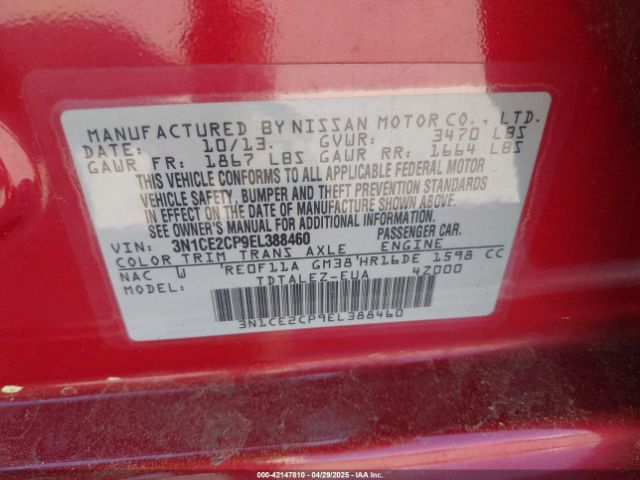 3N1CE2CP9EL388460 Nissan Versa Note Sv