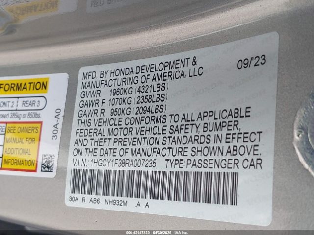 1HGCY1F38RA007235 Honda ACCORD EX