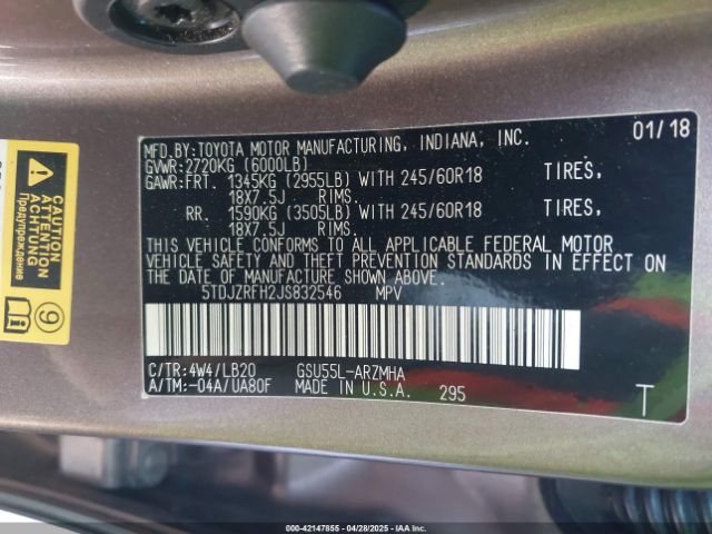 5TDJZRFH2JS832546 Toyota Highlander Xle