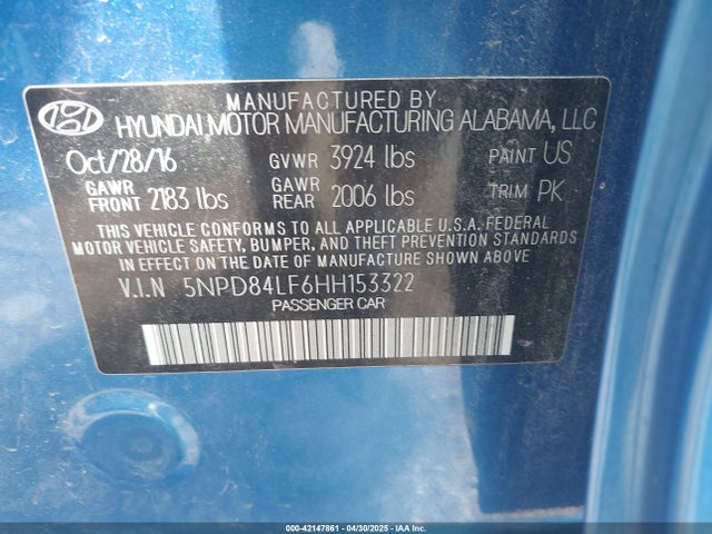 5NPD84LF6HH153322 Hyundai ELANTRA SE