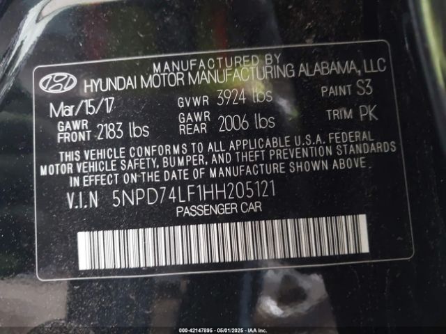 5NPD74LF1HH205121 Hyundai ELANTRA SE