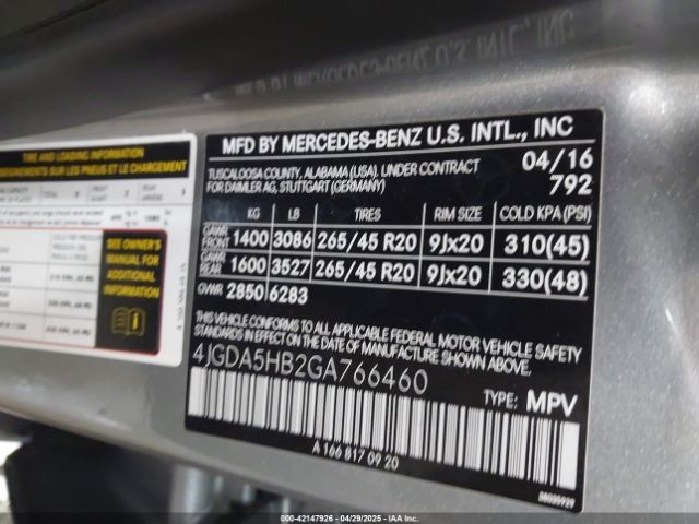 4JGDA5HB2GA766460 Mercedes-Benz Gle 350 4matic