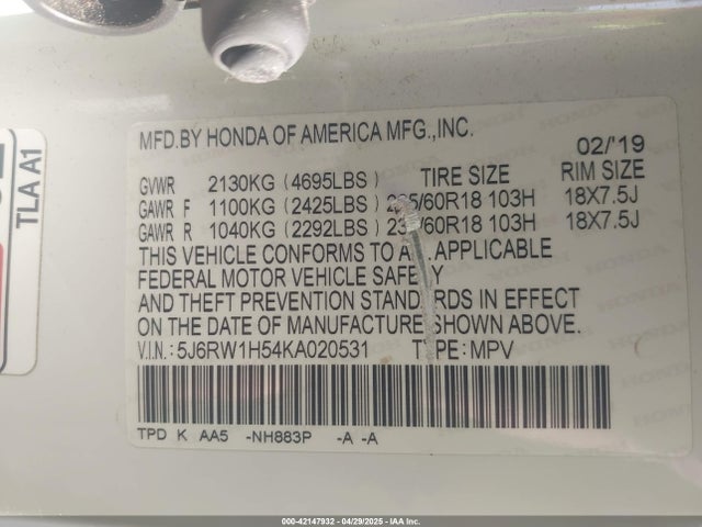 5J6RW1H54KA020531 Honda CR-V EX