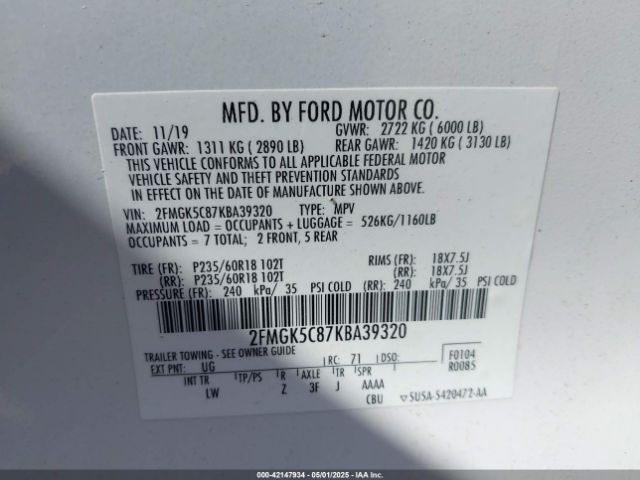 2FMGK5C87KBA39320 Ford FLEX SEL