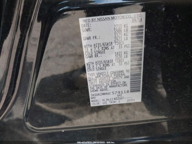 5N1DR2MM4KC579118 Nissan Pathfinder Sv