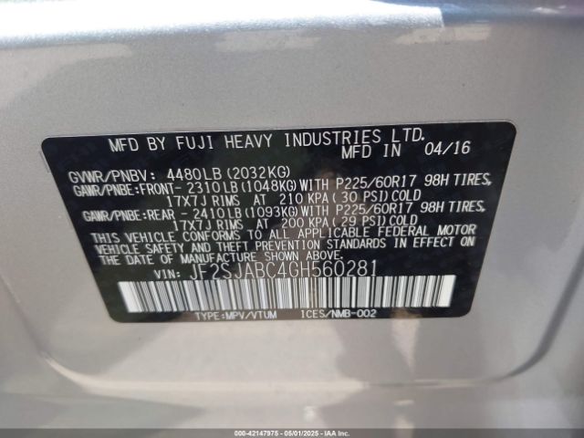 JF2SJABC4GH560281 Subaru naturally aspirated u5