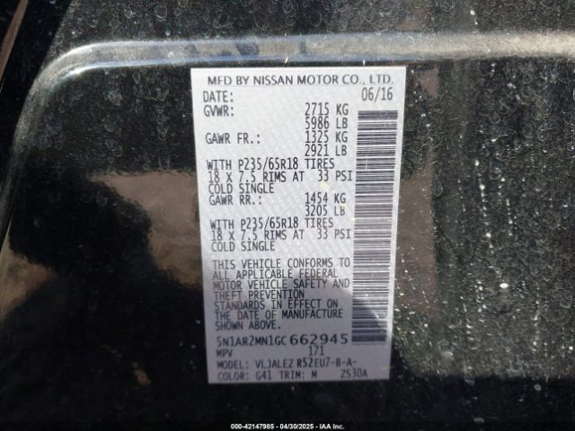 5N1AR2MN1GC662945 Nissan Pathfinder Sv