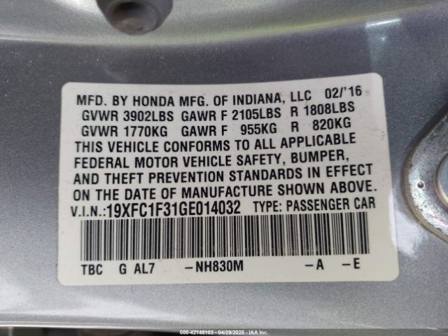19XFC1F31GE014032 Honda Civic Ex-t