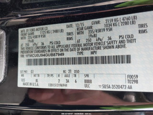 1FMCU0J94GUB87949 Ford Escape Titanium