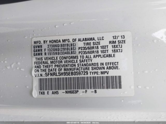 5FNRL5H95EB059729 Honda Odyssey Touring/touring Elite
