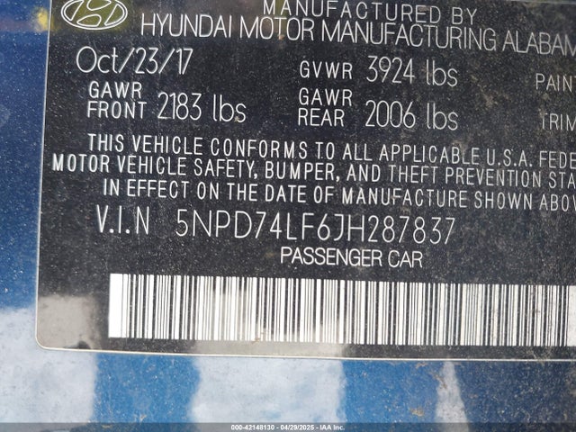 5NPD74LF6JH287837 Hyundai ELANTRA SE