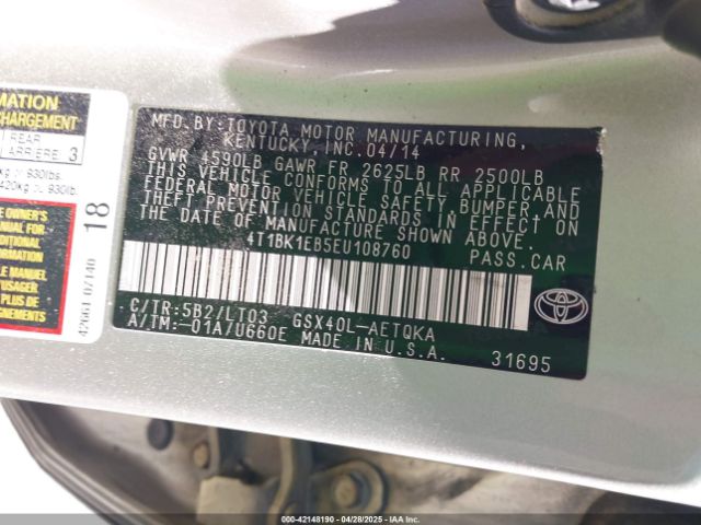 4T1BK1EB5EU108760 Toyota Avalon Xle Touring