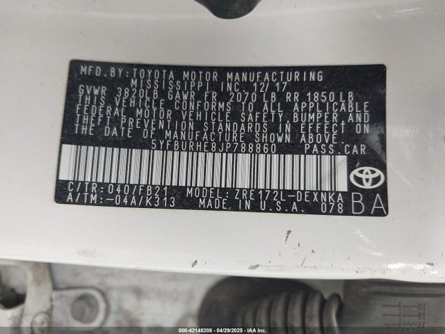 5YFBURHE8JP788860 Toyota COROLLA LE